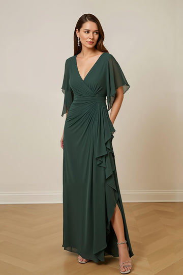 Dark Green Ruched Flutter Sleeve Mother Of The Bride Dress With Slit